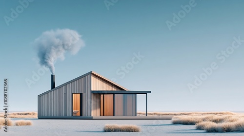 Cozy Wooden Cabin with Chimney Smoke in Peaceful Countryside Landscape