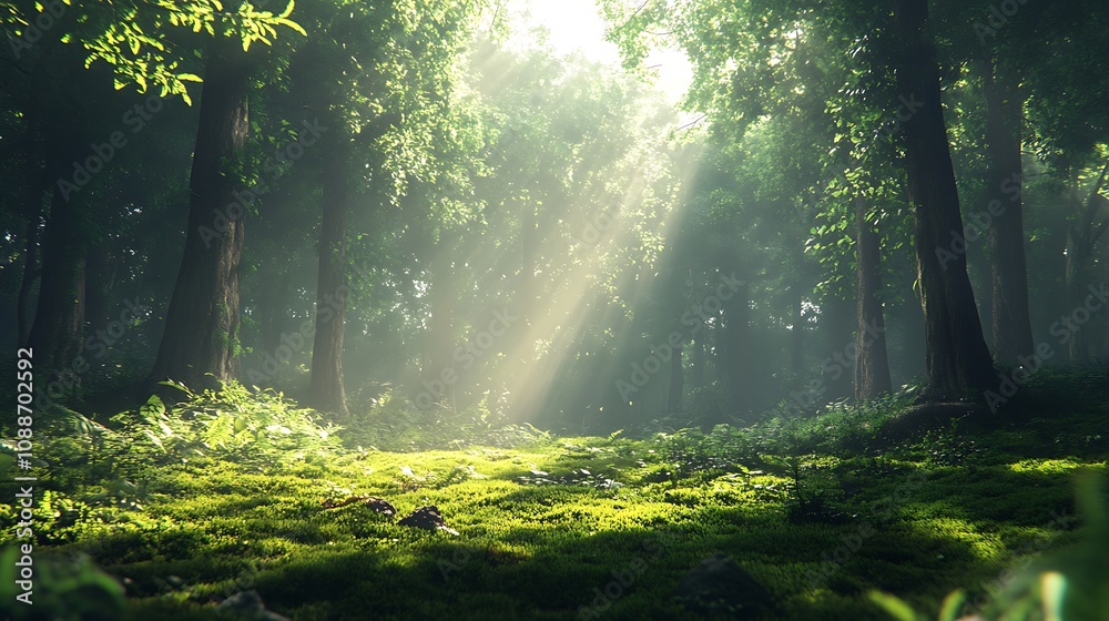 Fototapeta premium Tranquil morning light in forest nature photography peaceful atmosphere