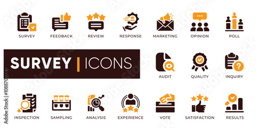 Survey icon set. Includes survey symbols, feedback, review, analysis, results, and more. Perfect for market research, customer experience, and data analysis projects.