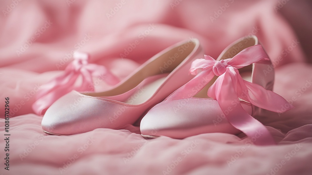 Pink satin heels with ribbons on pink fabric. Pink satin heels with ribbons on pink fabric.