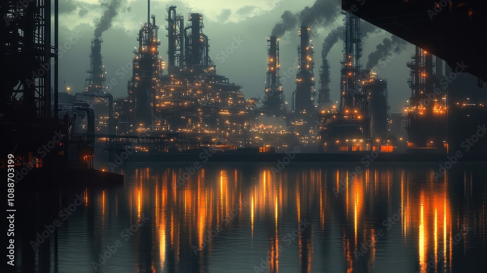 Obraz premium Industriegebiet mit auf dem Wasser reflektierten Nachtlichtern, das eine groÃe Ãlraffinerie und moderne FabrikgebÃ¤ude zeigt, Konzept Industrie