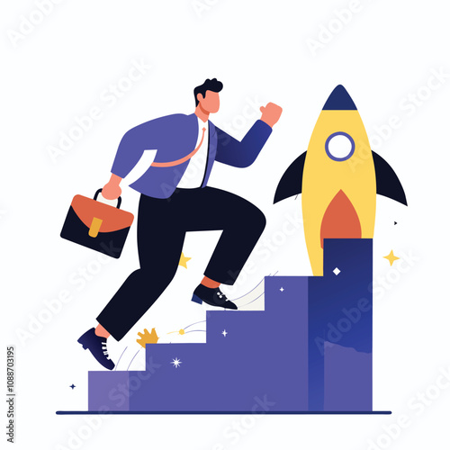 Businessman Running Up Stairs Towards Rocket, Achieving Success