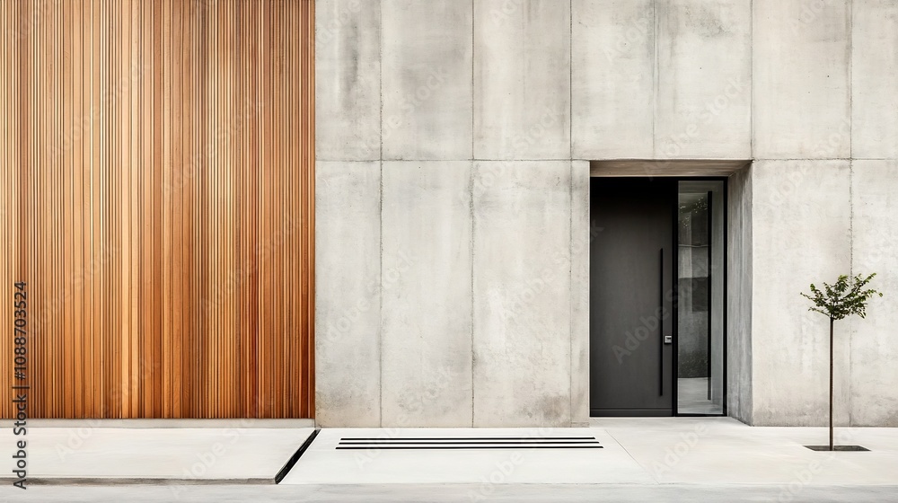 Fototapeta premium Sleek Concrete Facade with Architectural Elements and Minimal Landscaping