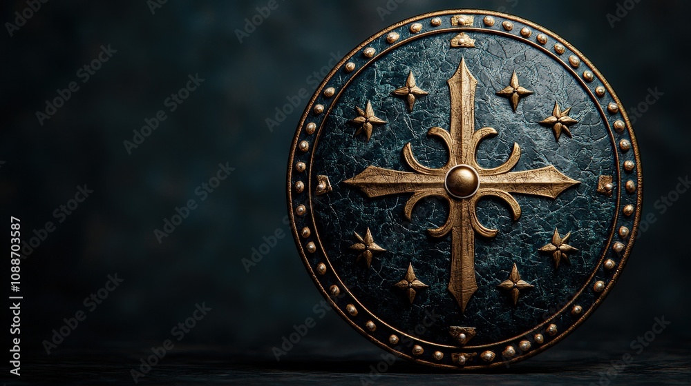 Obraz premium Ornate Dark Blue and Gold Medieval Shield 3D Render High Resolution Image