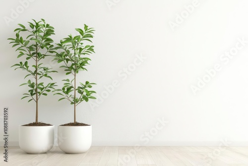 Two potted plants with lush green leaves stand against a minimalist white wall, adding a touch of nature to the serene indoor space.