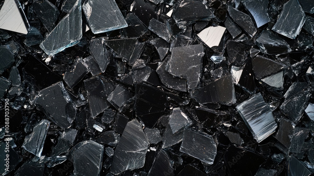 A dark surface scattered with broken black glass shards, reflecting light and creating an abstract, sharp-edged texture full of contrast.