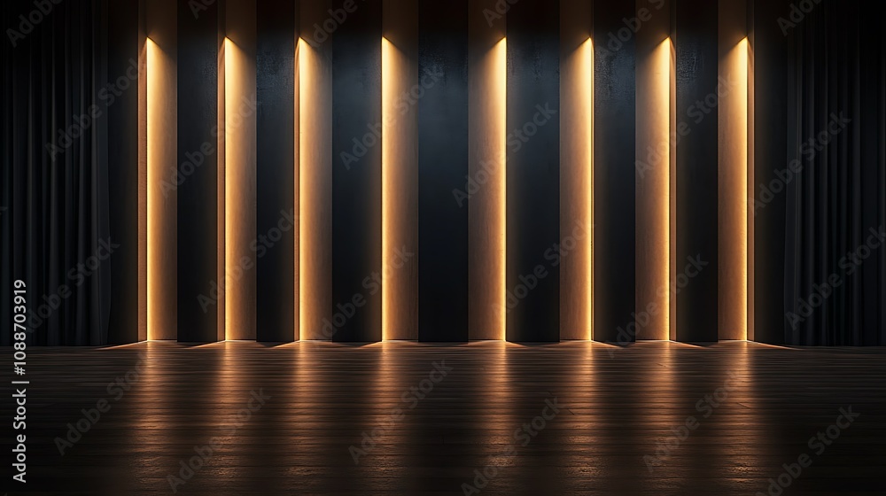 Fototapeta premium Dark room with illuminated vertical stripes on wall.