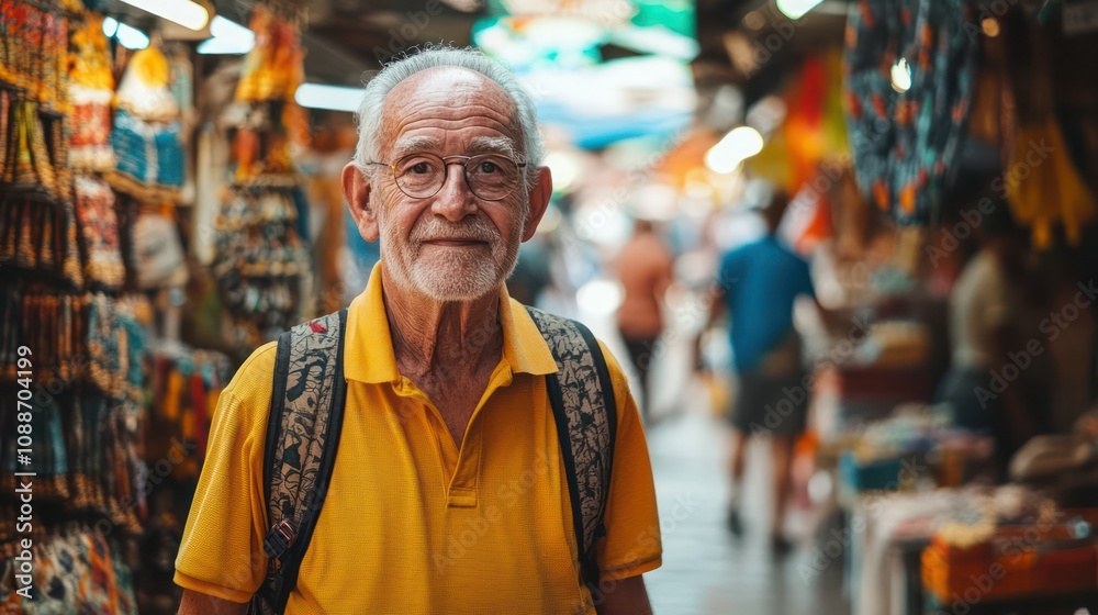 Adventurous elderly traveler, older man navigating through bustling markets, vibrant colors, cultural immersion, illustrations. Adventurous elderly traveler, older man navigating through bustling markets, vibrant colors, cultural immersion, illustrations.