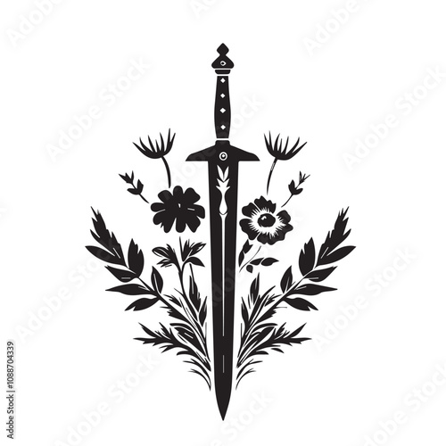 Sword In cartoon, hand-drawn flat style. image for social media, websites and UI. Isolated 2D vector design in logo, icon, sketch style, simple line vector, single color. AI Generative Art.
