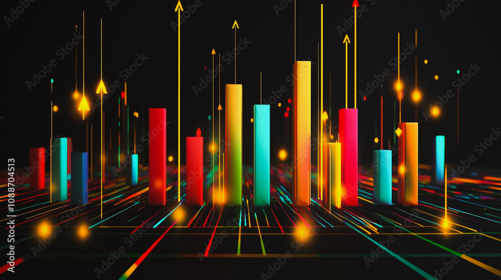 Abstract black background with 3D Colorful charts and graphs with statistics to innovative analyze business potential and forecast future development of companies growth. Abstract black background with 3D Colorful charts and graphs with statistics to innovative analyze business potential and forecast future development of companies growth.
