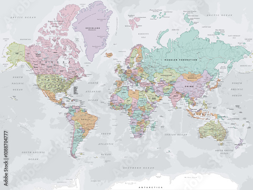 Political map of the World in Mercator projection. Highly detailed, editable with clearly labeled, separated layers. Vector illustration.