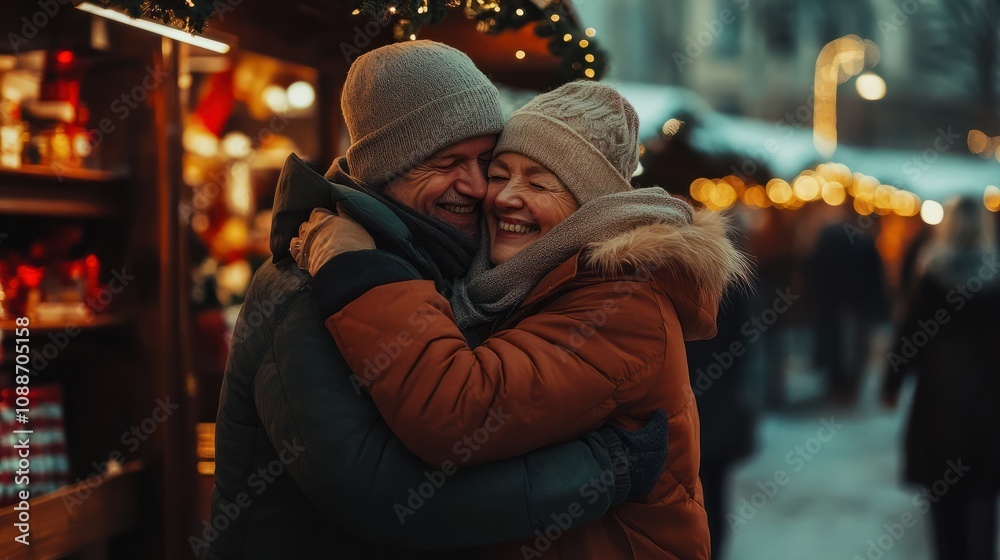 love, winter holidays and people concept - happy senior couple hugging at christmas market souvenir shop stall in evening