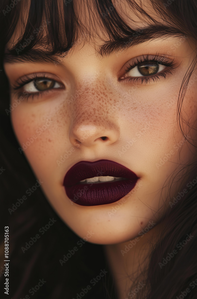 lose-up of an attractive woman with dark hair and burgundy lipstick, looking straight into the camera, with a fashion magazine cover aesthetic.
