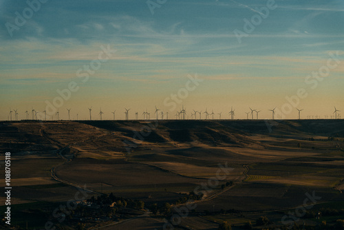 Andalusian agricultural landscape with hills, olive trees, blue sky and wind turbines. Agricultural area of Spain in Andalusia.