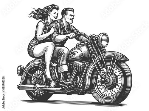 couple on a motorcycle, capturing a 1950s aesthetic. Woman rides on the back, embracing the adventure sketch engraving generative ai vector illustration. Scratch board imitation. Black and white image