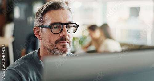 Obraz na plátně Glasses, research and computer with business man in office for planning, networking or company newsletter