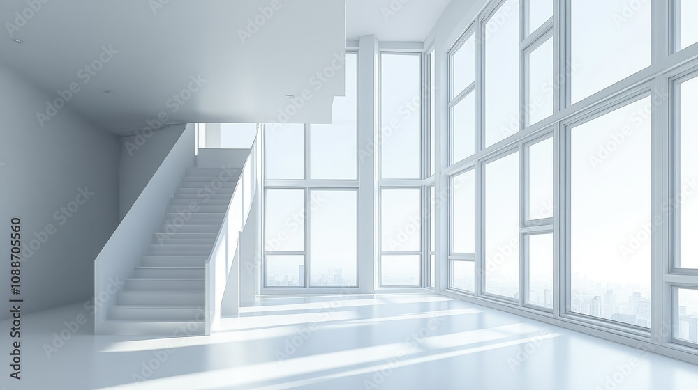 A modern empty room with many windows and a staircase, showing the active installation of windows on upper floors in a construction project. A modern empty room with many windows and a staircase, showing the active installation of windows on upper floors in a construction project.