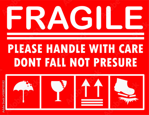 Fragile Shipping Stickers and Label. Handle with Care, Red Warning Labels, Broken Glass Symbol, Keep Dry, Don't Trample, Upward Vector
