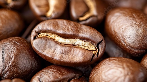 Detailed closeup of coffee beans, rich brown textures, natural lighting, high detail photo