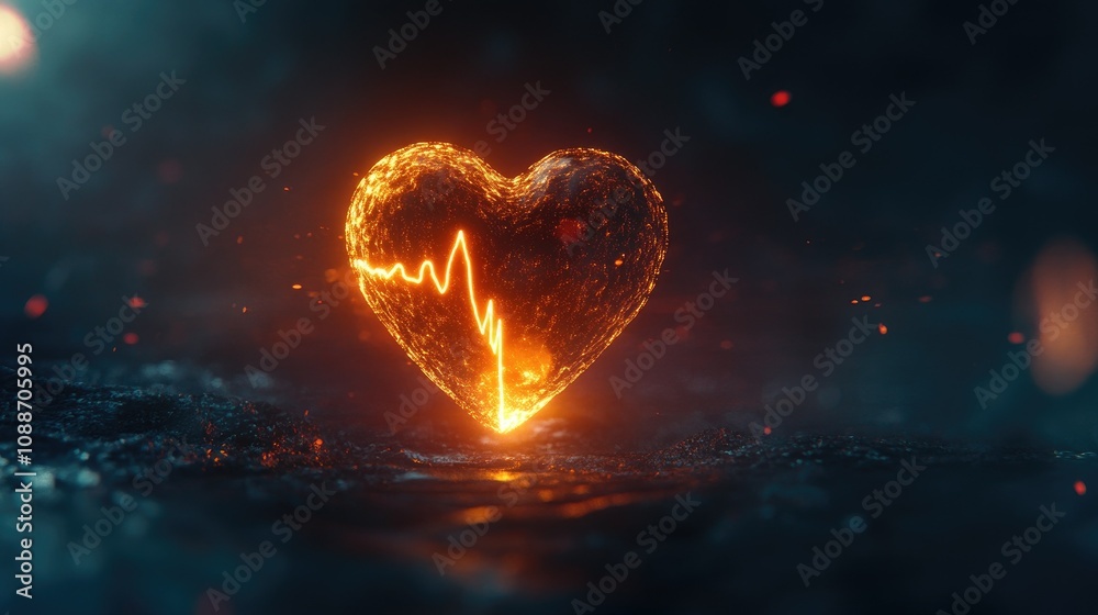 A radiant heart with an electrocardiogram line pulsing in the dark, symbolizing vitality and the essence of life itself. A radiant heart with an electrocardiogram line pulsing in the dark, symbolizing vitality and the essence of life itself.