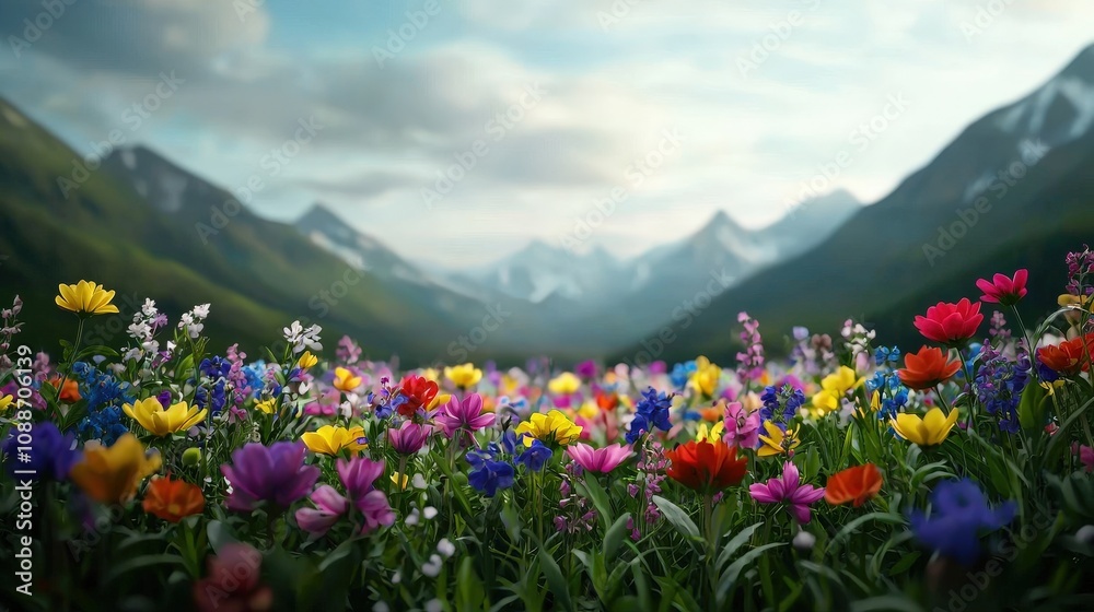 Vibrant Wildflower Meadow Mountain Landscape Spring Bloom Vibrant Wildflower Meadow Mountain Landscape Spring Bloom