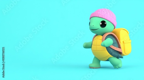 A cute turtle character wearing a pink beanie and backpack, walking cheerfully.