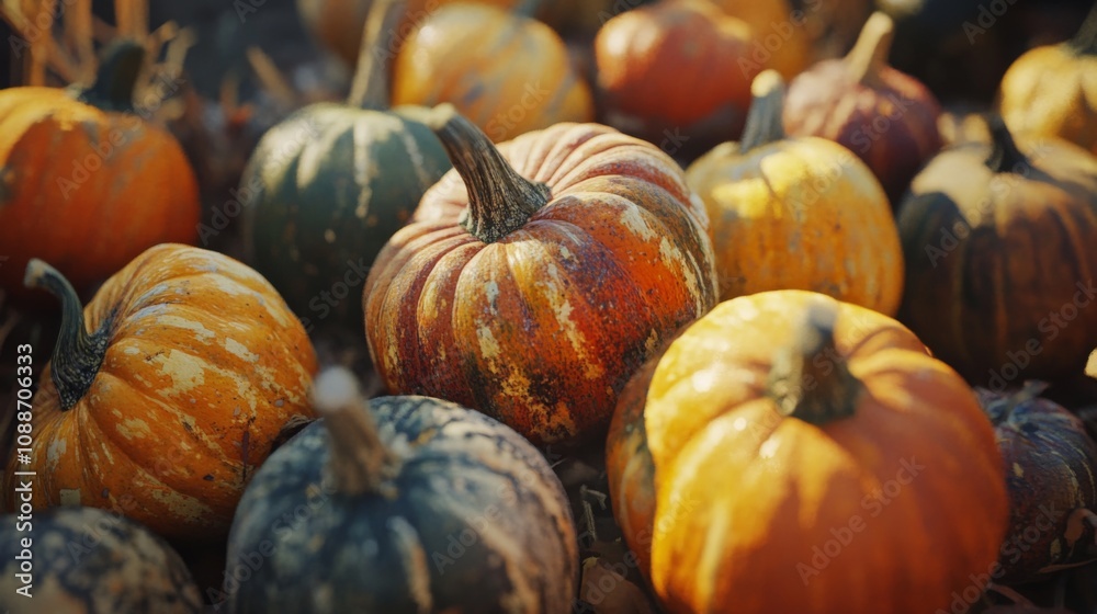 A Close-Up View of Various Pumpkins in Warm Autumnal Colors A Close-Up View of Various Pumpkins in Warm Autumnal Colors