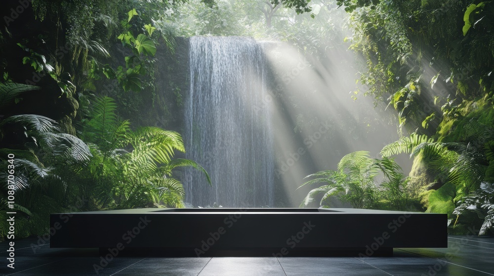 Tranquil Jungle Oasis with Natural Waterfall Surrounded by Lush Greenery, Soft Light Filtering Through Canopy for Ultimate Relaxation and Serenity Tranquil Jungle Oasis with Natural Waterfall Surrounded by Lush Greenery, Soft Light Filtering Through Canopy for Ultimate Relaxation and Serenity