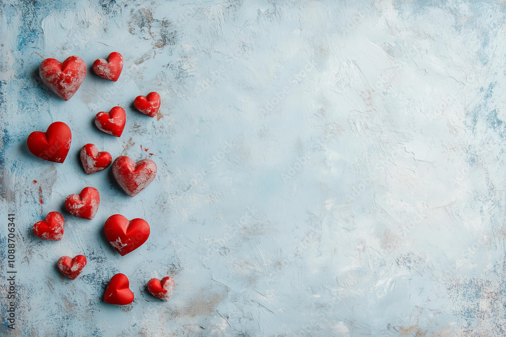 Flat lay of a light blue textured background with red hearts scattered around. Flat lay of a light blue textured background with red hearts scattered around.