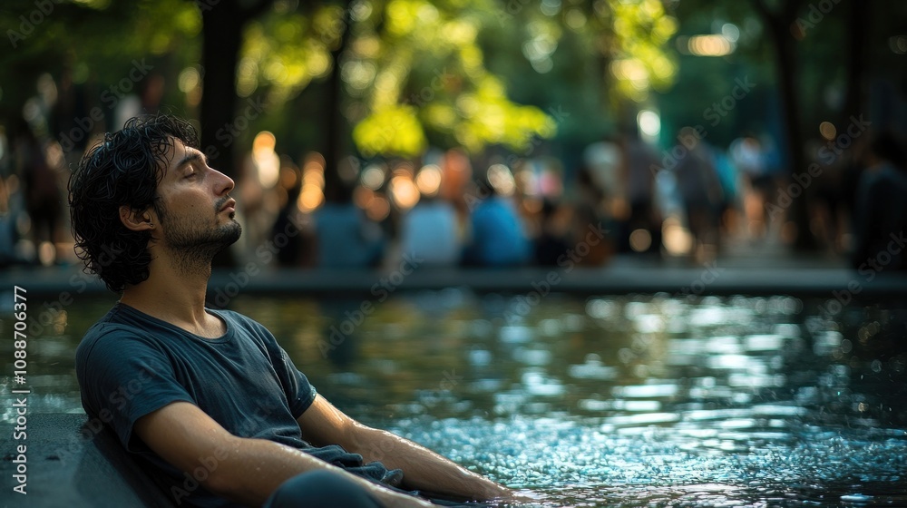A serene moment by the water, a man relaxes amidst a lively park atmosphere. A serene moment by the water, a man relaxes amidst a lively park atmosphere.