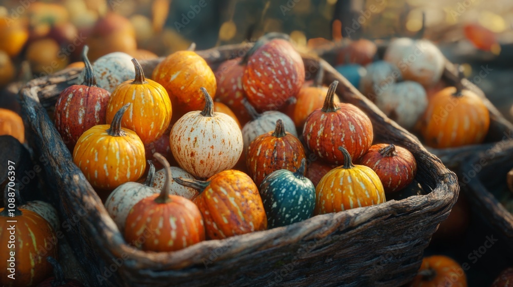 A Rustic Basket Overflowing with Colorful Pumpkins A Rustic Basket Overflowing with Colorful Pumpkins