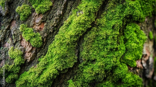 Macro shot of mosscovered bark, bright green texture, earthy tones, natural lighting, high detail photo