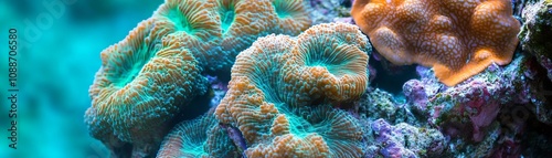 Textured shot of coral in turquoise water, intricate pattern, vibrant colors, high detail