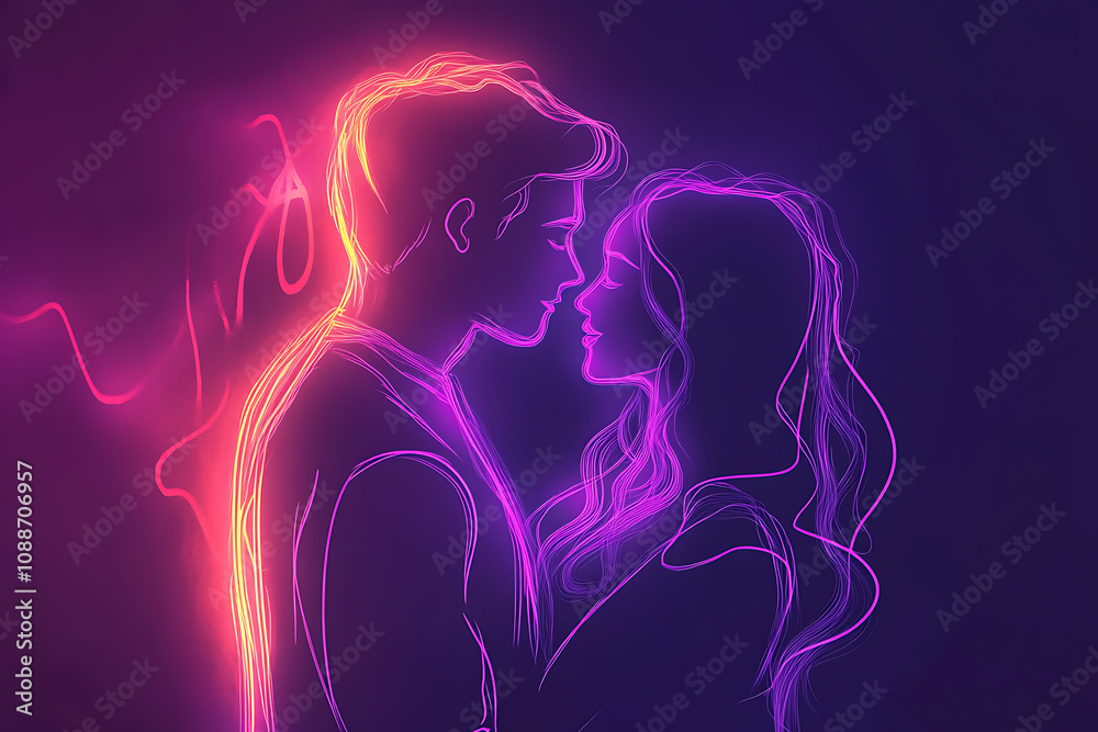 White and neon outline of a couple in love, illustration, showcasing minimalistic and romantic design with vibrant highlights. White and neon outline of a couple in love, illustration, showcasing minimalistic and romantic design with vibrant highlights.