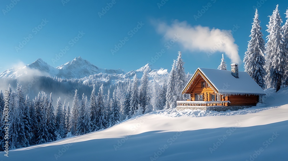 Fototapeta premium Winter retreat cozy cabin snowy mountains serene landscape tranquility