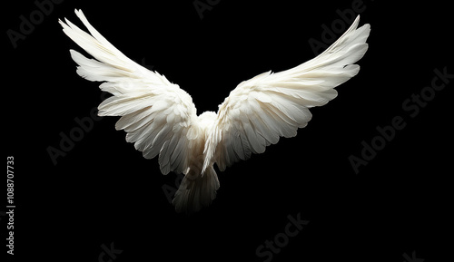 Majestic white wings spread wide against black background, symbolizing freedom and purity photo