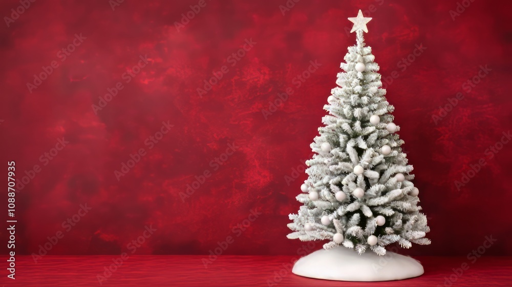 Snowy Christmas tree against a festive red backdrop. Snowy Christmas tree against a festive red backdrop.