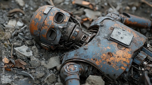 A close-up of a robot lying in ruins, symbolizing the downfall of technology in an apocalypse
