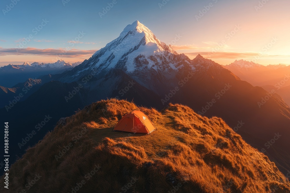 Naklejka premium Camping at sunset near a majestic mountain with snow-capped peak in a serene landscape