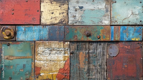 Close-up of an old, weathered wooden panel, with intricate textures, varying colors, and a timeless, rustic appearance that evokes vintage charm.