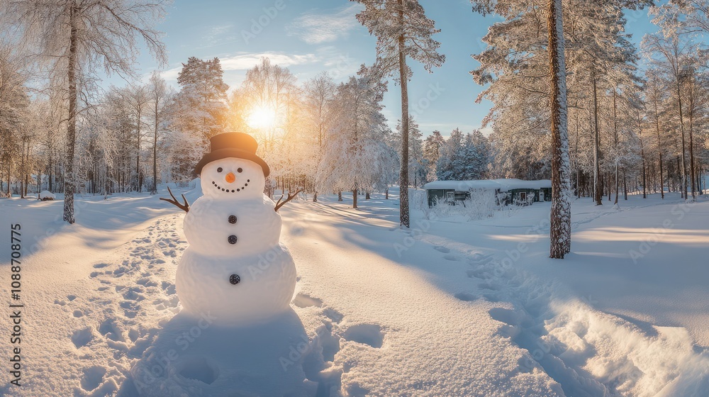 Fototapeta premium Panoramic view of happy snowman in winter secenery with copy space