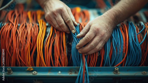 Close-up of hands organizing colorful electric wires in a control panel with orange and blue cables photo