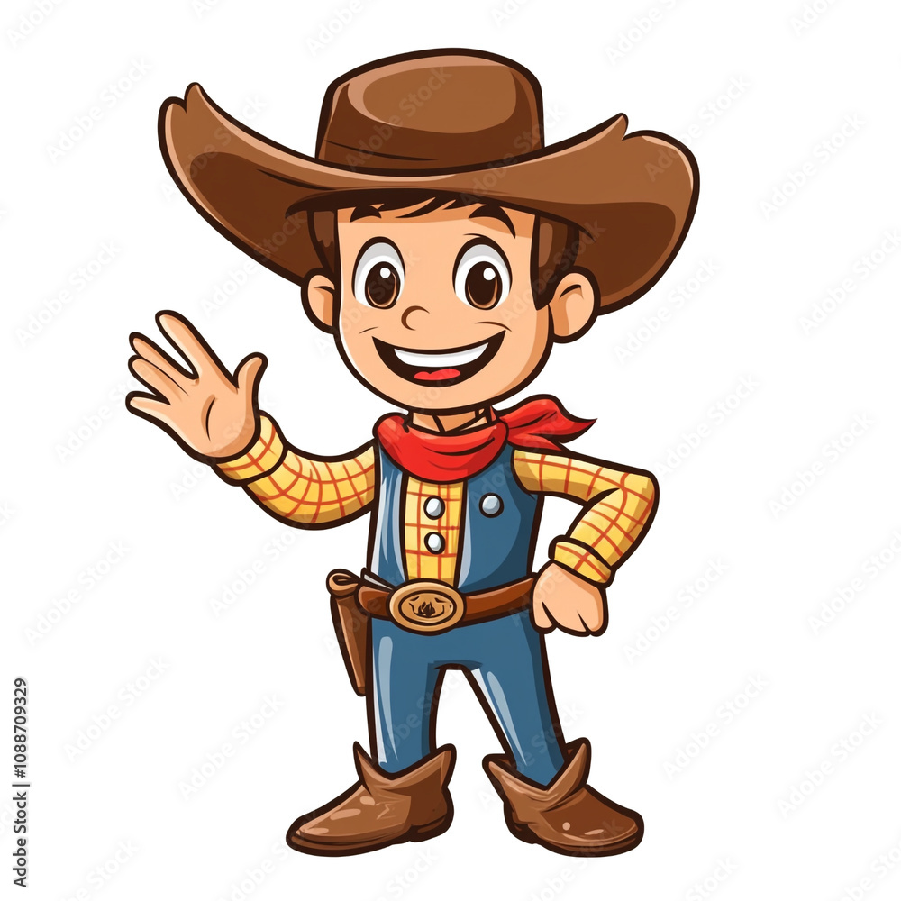 A cheerful cowboy cartoon character, waving hello! A cheerful cowboy cartoon character, waving hello!
