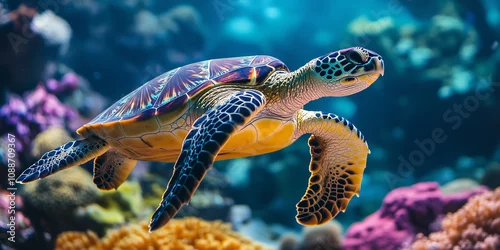 Fototapeta Podwodne ujęcie żółwia morskiego, który z gracją unosi się wśród żywych koralowców i morskiego życia, podkreślając piękno i harmonię głębin oceanu.