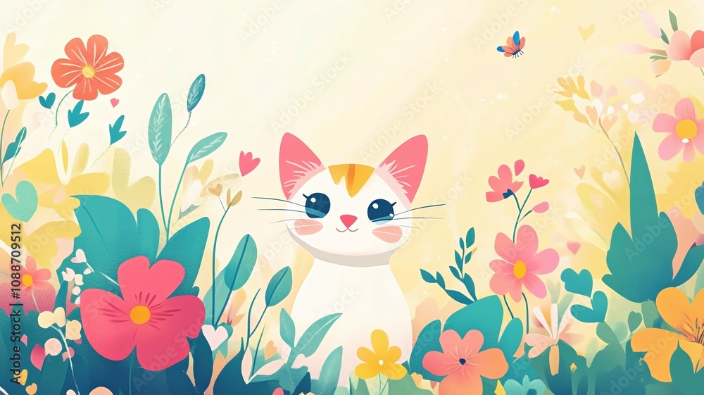 Fototapeta premium A colorful background of spring flowers and a cute cat with copy space, an illustration of a springtime banner and background