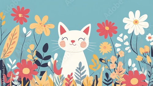 A cat with a floral element on a light blue background, an illustration of a happy springtime season