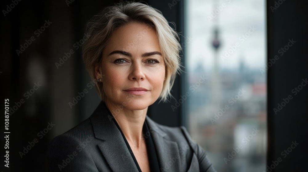 A confident woman in a business suit poses near a window, showcasing urban scenery. A confident woman in a business suit poses near a window, showcasing urban scenery.