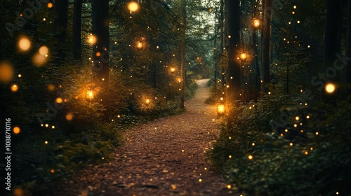 Lantern-lit forest pathway shimmering with sparkling lights, capturing the ethereal beauty of twilight in the woods.