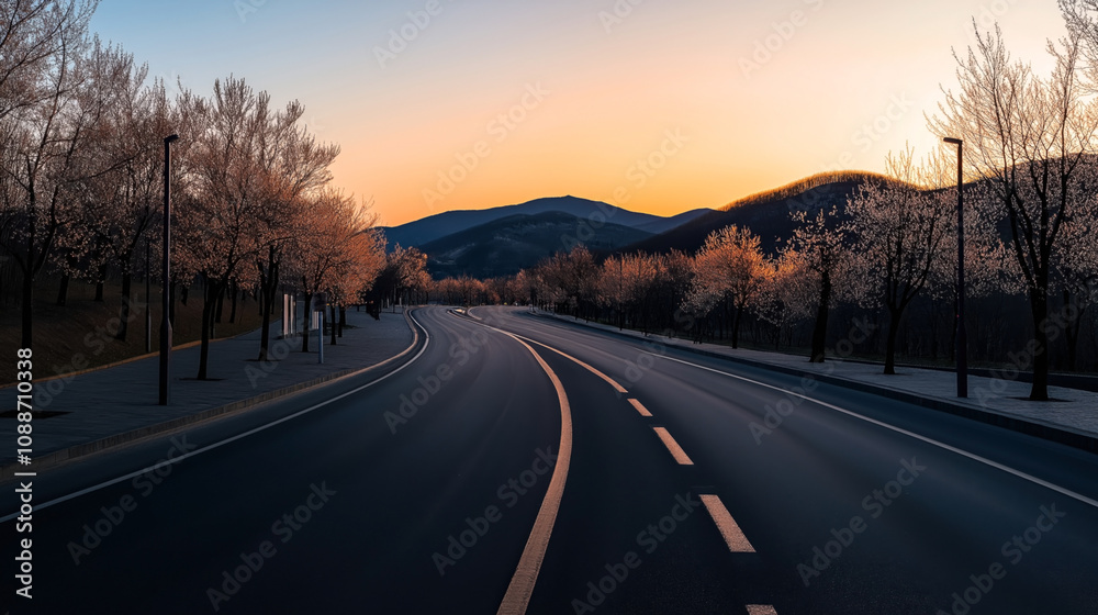 Empty road lined with trees in blossom at sunrise with mountains in the background Empty road lined with trees in blossom at sunrise with mountains in the background