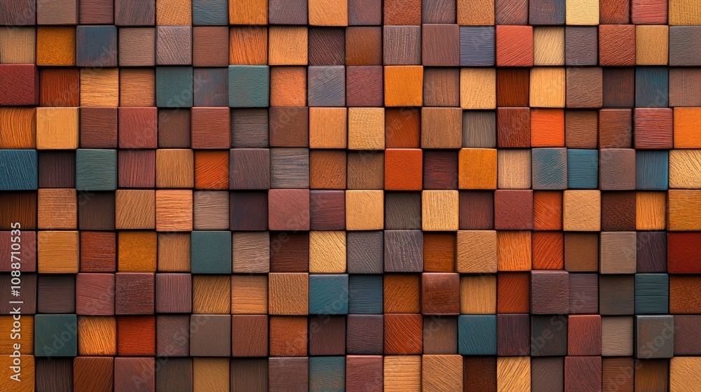 Wooden blocks of different colors and textures arranged in an intricate pattern, creating a vibrant background with a rustic feel. The texture is detailed and textured to mimic the look of aged wood. Wooden blocks of different colors and textures arranged in an intricate pattern, creating a vibrant background with a rustic feel. The texture is detailed and textured to mimic the look of aged wood.